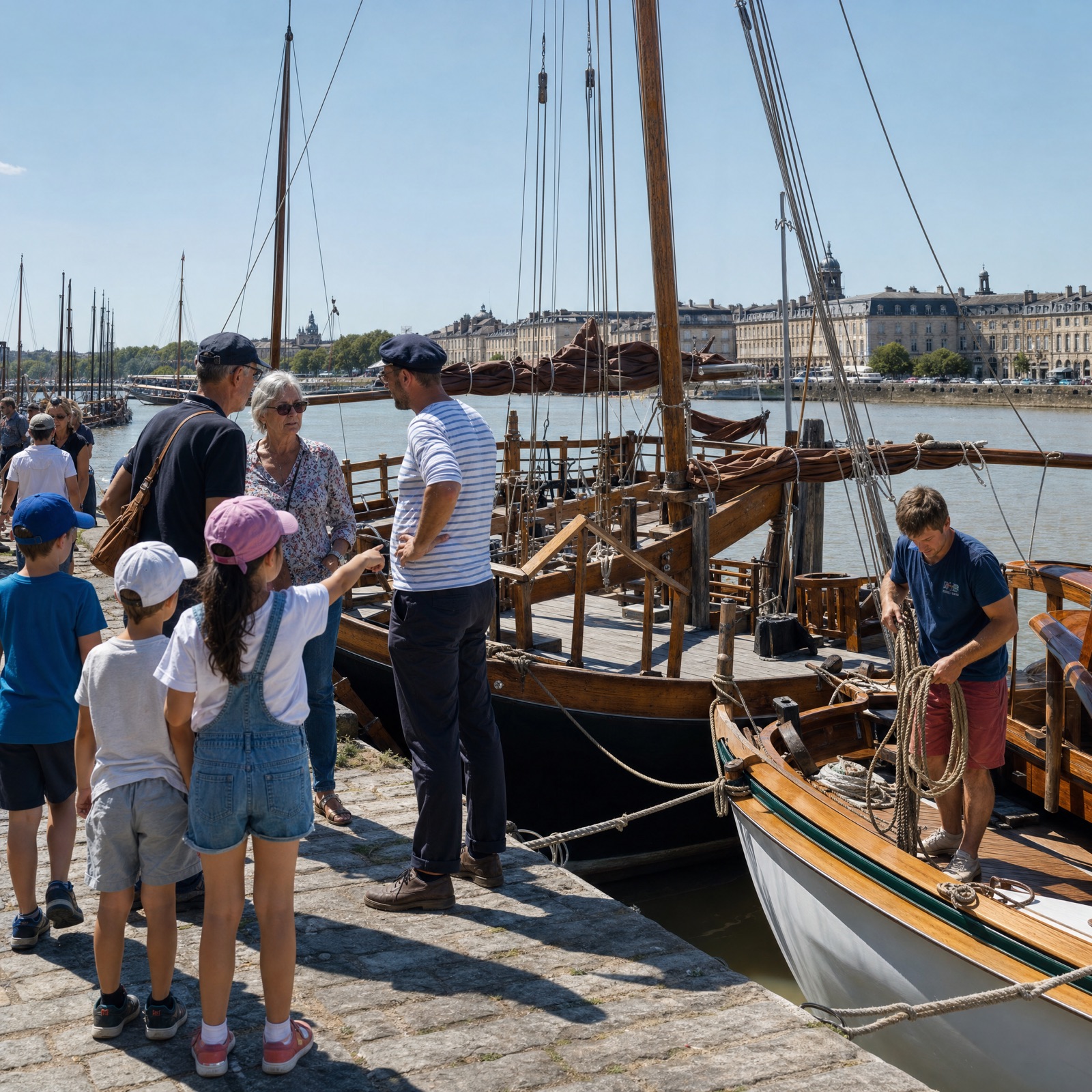 Bénévoles de l'association présentant une pinasse restaurée lors d'une fête maritime, famille curieuse touchant la coque calfatée